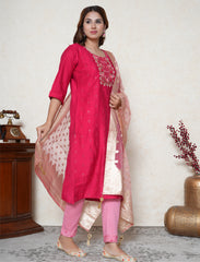 Bright Pink Embroidered Suit Set with Statement Yoke & Banarasi Dupatta