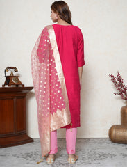Bright Pink Embroidered Suit Set with Statement Yoke & Banarasi Dupatta