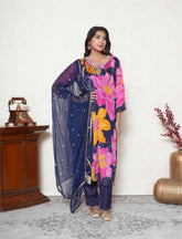Indigo Blue crepe floral print kurta & pant with dupatta.