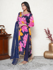 Indigo Blue crepe floral print kurta & pant with dupatta.