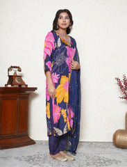 Indigo Blue crepe floral print kurta & pant with dupatta.