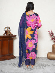 Indigo Blue crepe floral print kurta & pant with dupatta.