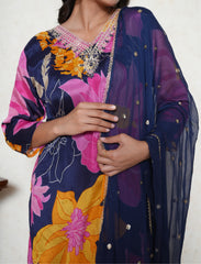 Indigo Blue crepe floral print kurta & pant with dupatta.