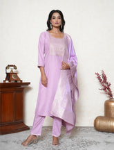 Lavender colour embroidered kurta set with banarasi dupatta.