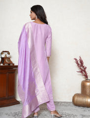 Lavender colour embroidered kurta set with banarasi dupatta.