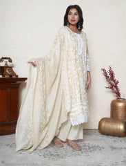 Flax yellow cotton printed suit with Lace work