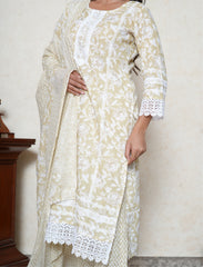 Flax yellow cotton printed suit with Lace work