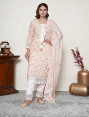 Champagne colour cotton floral print suit with mirror and lacework