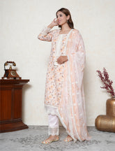 Champagne colour cotton floral print suit with mirror and lacework
