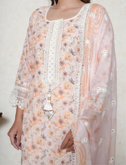 Champagne colour cotton floral print suit with mirror and lacework