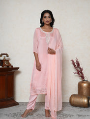 Blush pink chinon embroidered kurta suit set