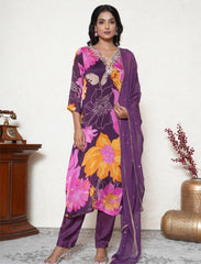 Eminence Purple crepe floral print kurta & pant with dupatta