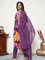 Eminence Purple crepe floral print kurta & pant with dupatta