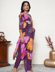 Eminence Purple crepe floral print kurta & pant with dupatta