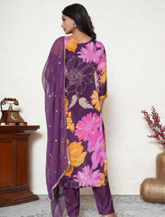 Eminence Purple crepe floral print kurta & pant with dupatta