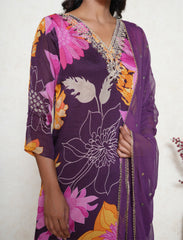 Eminence Purple crepe floral print kurta & pant with dupatta