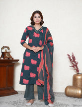Bottle green hand block printed cotton suit