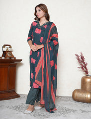Bottle green hand block printed cotton suit