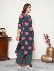 Bottle green hand block printed cotton suit