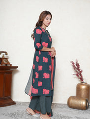 Bottle green hand block printed cotton suit