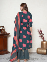 Bottle green hand block printed cotton suit