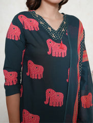 Bottle green hand block printed cotton suit
