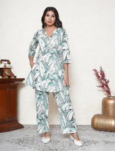 Sage Green Leaf Print Khadi Cotton Co-ord Set with Mirror Work