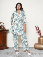 Sage Green Leaf Print Khadi Cotton Co-ord Set with Mirror Work