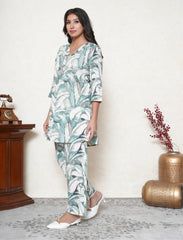 Sage Green Leaf Print Khadi Cotton Co-ord Set with Mirror Work
