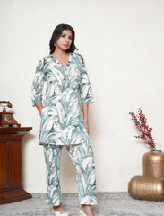 Sage Green Leaf Print Khadi Cotton Co-ord Set with Mirror Work