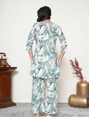 Sage Green Leaf Print Khadi Cotton Co-ord Set with Mirror Work