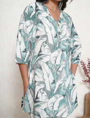 Sage Green Leaf Print Khadi Cotton Co-ord Set with Mirror Work