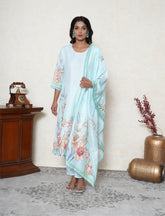 Celeste Blue floral print kantha work kurta set