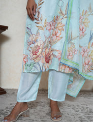 Celeste Blue floral print kantha work kurta set