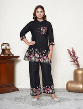 Black Floral Embroidered Co-ord Set with Sequins & Scalloped Detailing