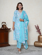 Aqua Blue floral printed cotton suit set