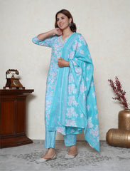 Aqua Blue floral printed cotton suit set