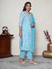 Aqua Blue floral printed cotton suit set