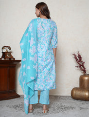Aqua Blue floral printed cotton suit set