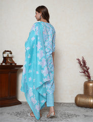 Aqua Blue floral printed cotton suit set