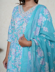 Aqua Blue floral printed cotton suit set