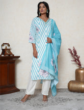 Aqua Blue & White Cotton Suit Set with Cutdana & Pearl Embellishments