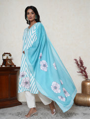 Aqua Blue & White Cotton Suit Set with Cutdana & Pearl Embellishments