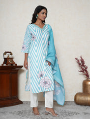 Aqua Blue & White Cotton Suit Set with Cutdana & Pearl Embellishments