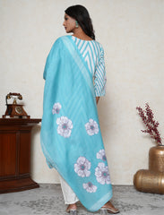 Aqua Blue & White Cotton Suit Set with Cutdana & Pearl Embellishments