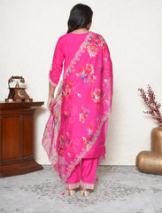 Bright Pink Embroidered Suit Set with Floral Organza Dupatta