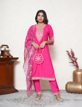 Bright Pink Embroidered Suit Set with Floral Organza Dupatta