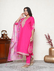 Bright Pink Embroidered Suit Set with Floral Organza Dupatta