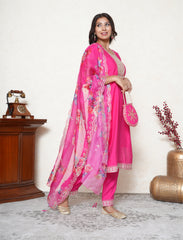 Bright Pink Embroidered Suit Set with Floral Organza Dupatta