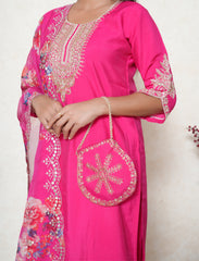 Bright Pink Embroidered Suit Set with Floral Organza Dupatta